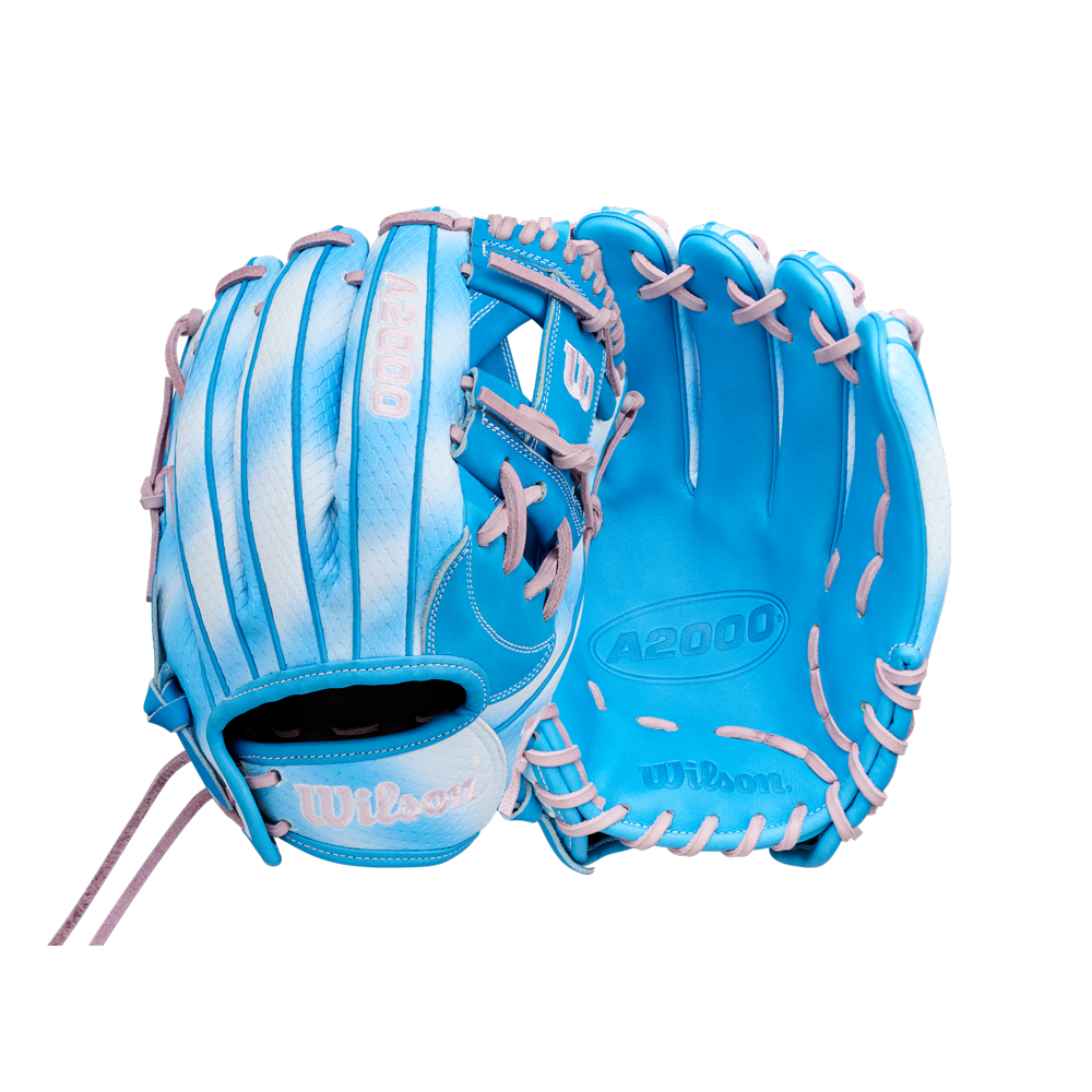 Two blue Wilson A2000 H12SS 12″ Fastpitch Gloves (model WBG0010401RT12) are shown, one revealing the palm side and the other displaying the back. Both Wilson 12-inch softball gloves with pink laces are positioned against a plain white background.