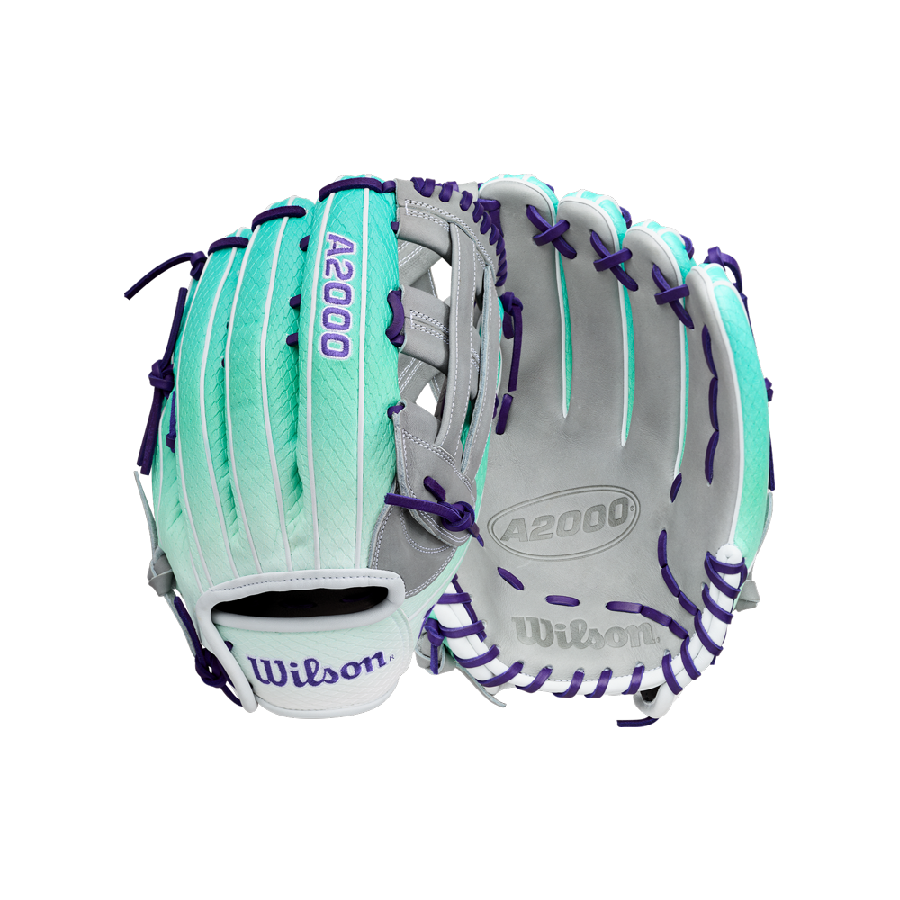 Two Wilson A2000 FP50SS 12.25″ Fastpitch Gloves (WBG0010501RT1225) by Wilson—ideal for outfield play—stand out in a fresh mint green, white, and gray colorway accented with bold purple lacing; one glove is shown palm-up while the other displays the back, emphasizing their eye-catching design and advanced Flex System that delivers superior comfort and performance.