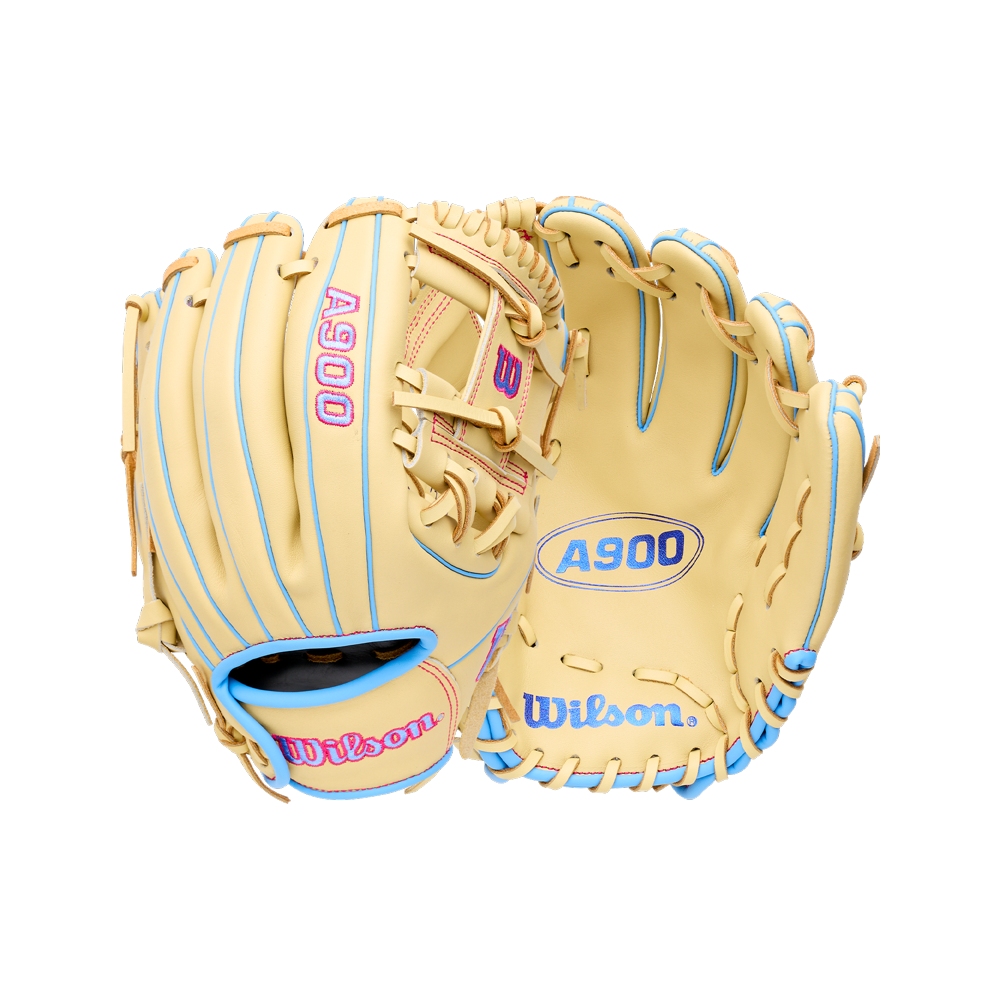 Wilson A900 11.5″ Baseball Glove: WBG04002RT115 in tan with blue lacing and pink accents, showing both the back and palm views.