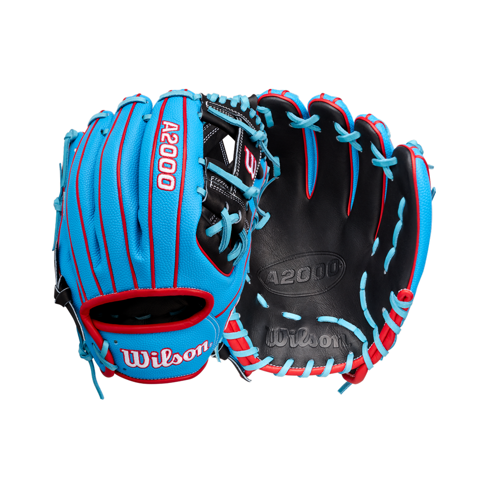 A blue and black Wilson A2000 1786SS glove with red and light blue laces, shown from both the front and back on a white background. This 11.5” baseball glove is designed for infield baseball glove players seeking top performance and style.