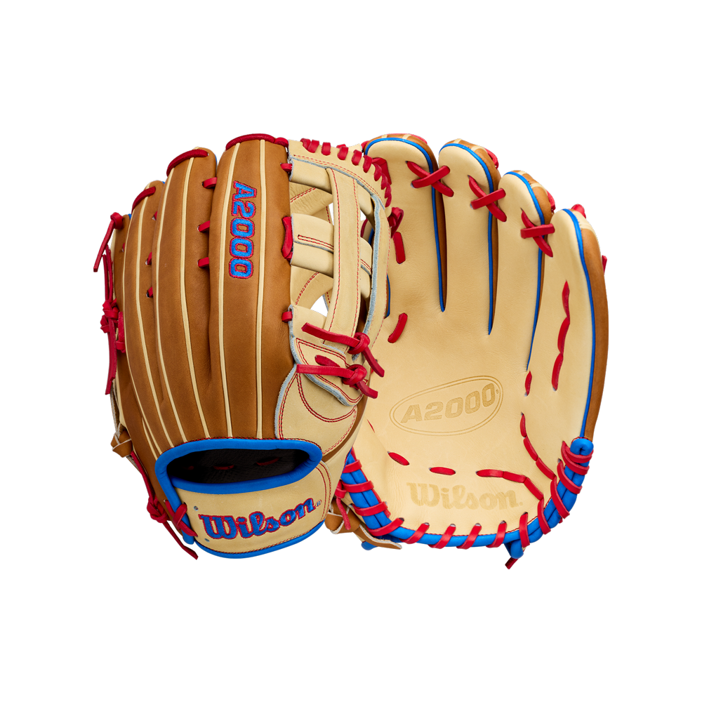 Two tan Wilson A2000 1777 12.75″ Baseball Gloves (WBG06001RT1275) made from Pro Stock leather with red laces and blue accents are displayed—one showing the front and one displaying the palm side—making them an ideal outfield glove for serious players.