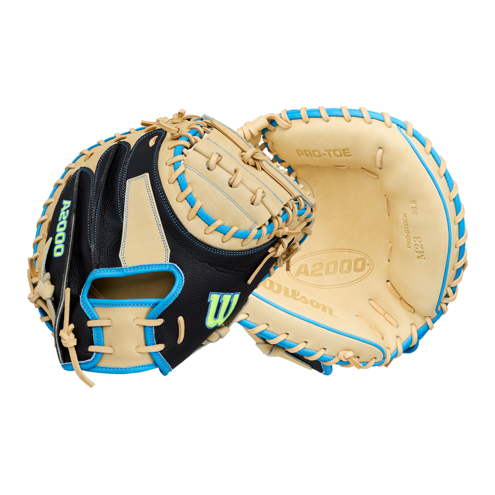 Two tan and black Wilson A2000 M23SS 33.5″ Baseball Catcher’s Mitts (WBG06201RT335) with blue trim, one highlighting the inside pocket and the other featuring the back side with the A2000 label and Wilson logo—a perfect ultra-light catcher’s mitt choice for players seeking quick pitch-framing and dependable performance.