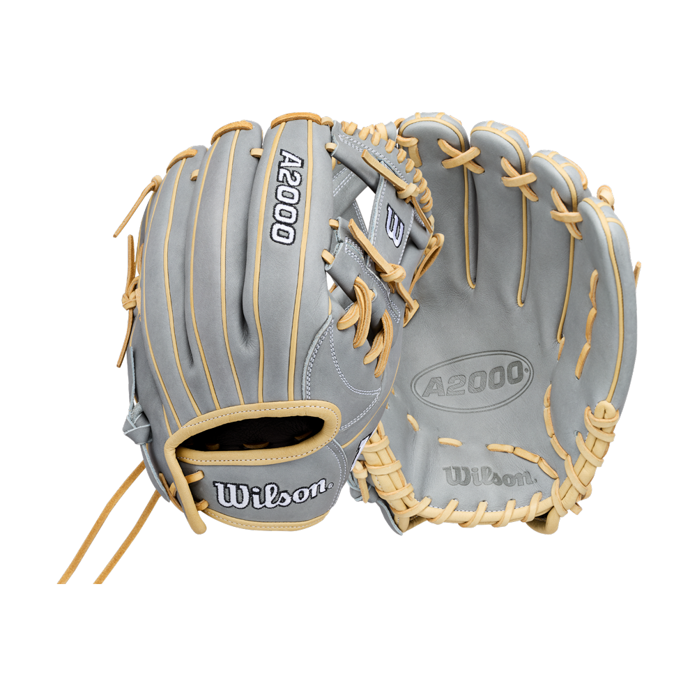 Two gray Wilson A2000 H12 12″ Fastpitch Gloves (WBG06801RT12) with tan laces are shown—one displays the exterior with the Wilson logo, while the other reveals the palm and webbing of this premium infield glove.