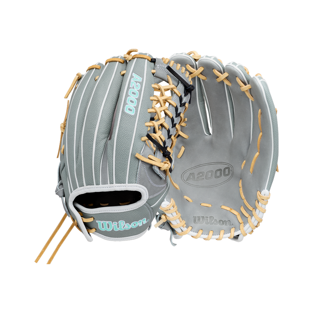 A pair of Wilson A2000 T125SS 12.5″ Fastpitch Gloves (WBG07001RT125) by Wilson, in light gray with tan laces, displayed from the front and back on a white background.