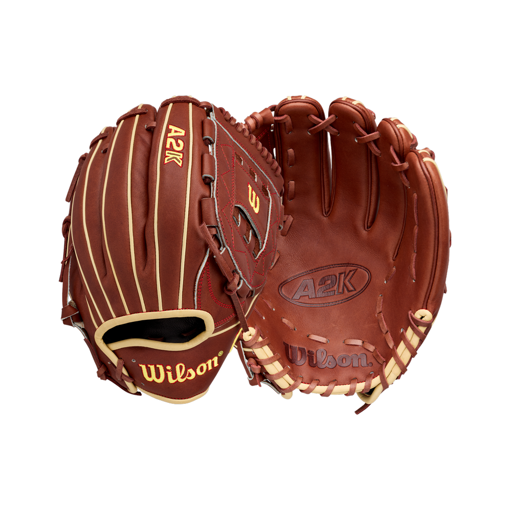 Two Wilson A2K C12 12″ baseball gloves (model WBG07901RT12) by Wilson, both in brown with tan laces and designed with a deep pocket for secure catches—one displayed palm up and the other showing the back—are arranged against a white background.