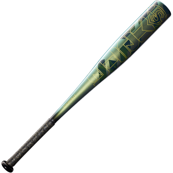 The 2023 Louisville Slugger Meta (-13) 2 5/8" USA T-Ball Bat (WBL2667010) features a metallic green barrel, bold VANISH lettering, black grip handle, and is inspired by the popular Louisville Slugger Meta design.