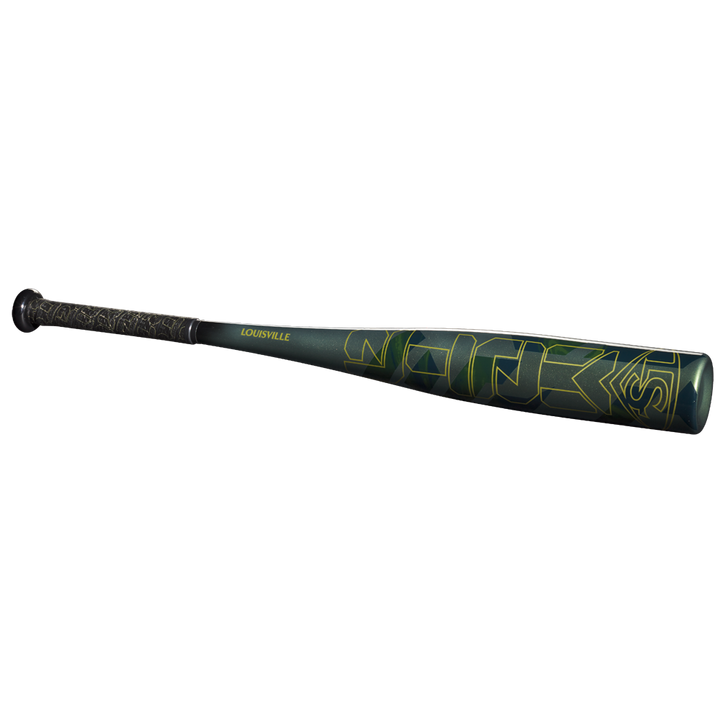 The 2023 Louisville Slugger Meta (-13) 2 5/8" USA T-Ball Baseball Bat (WBL2667010) features a dark green composite build, yellow geometric accents, and a textured black grip, displayed on a plain white background.