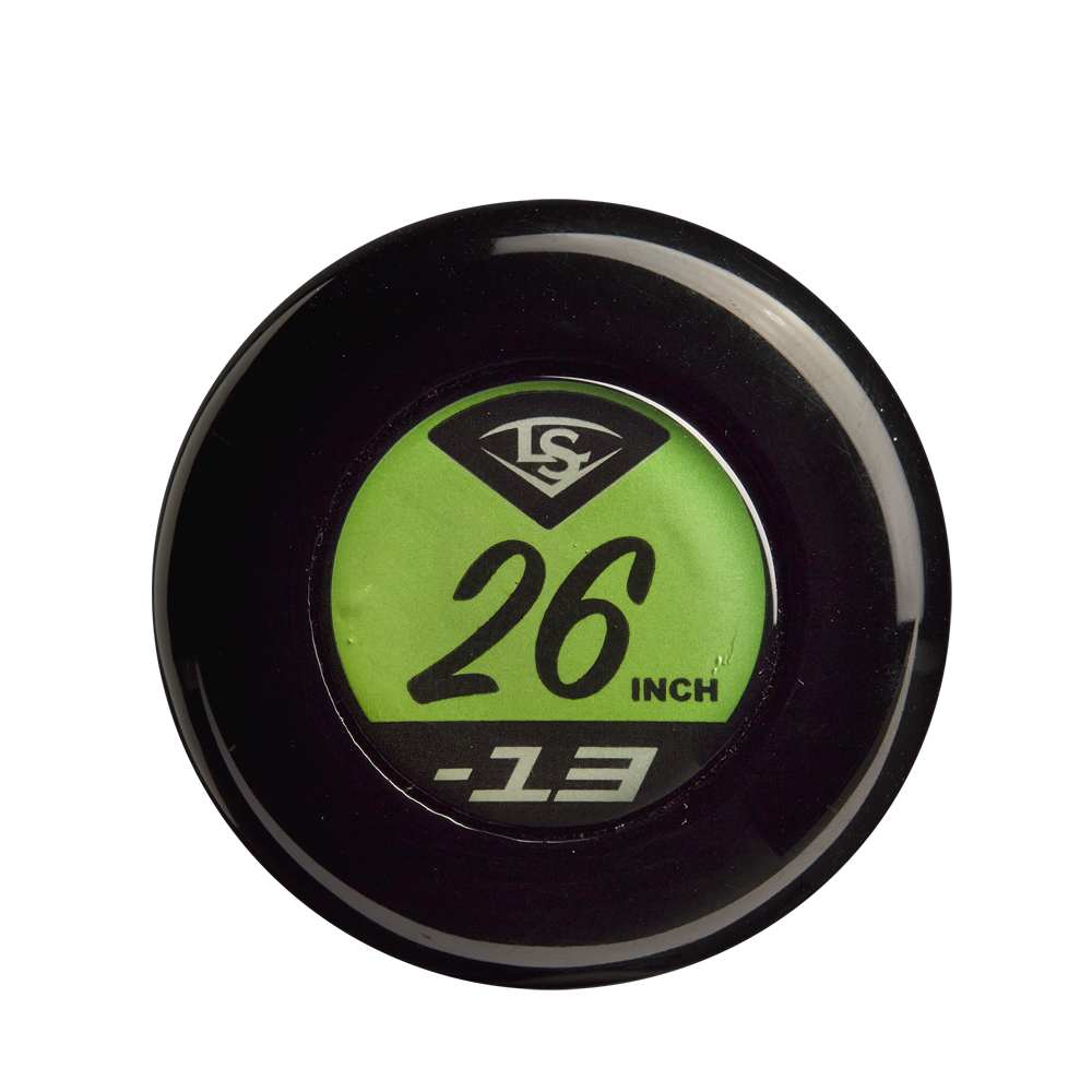 A close-up of the end cap on the 2023 Louisville Slugger Meta (-13) 2 5/8" USA T-Ball Baseball Bat (WBL2667010), featuring a green label with "26 INCH" and "-13" in black, plus the LS logo, highlights its composite design.