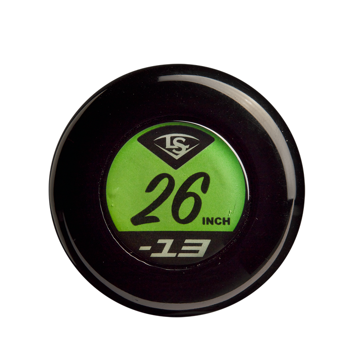 A close-up of the end cap on the 2023 Louisville Slugger Meta (-13) 2 5/8" USA T-Ball Baseball Bat (WBL2667010), featuring a green label with "26 INCH" and "-13" in black, plus the LS logo, highlights its composite design.