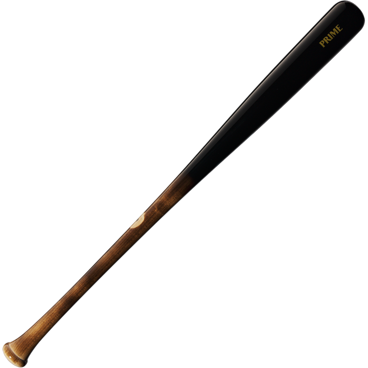 The Louisville Slugger Pro Prime Maple C271 Wood Baseball Bat (WBL2940010) features a natural brown handle, glossy black barrel with gold "PRIME," and offers a balanced swing weight for serious hitters.