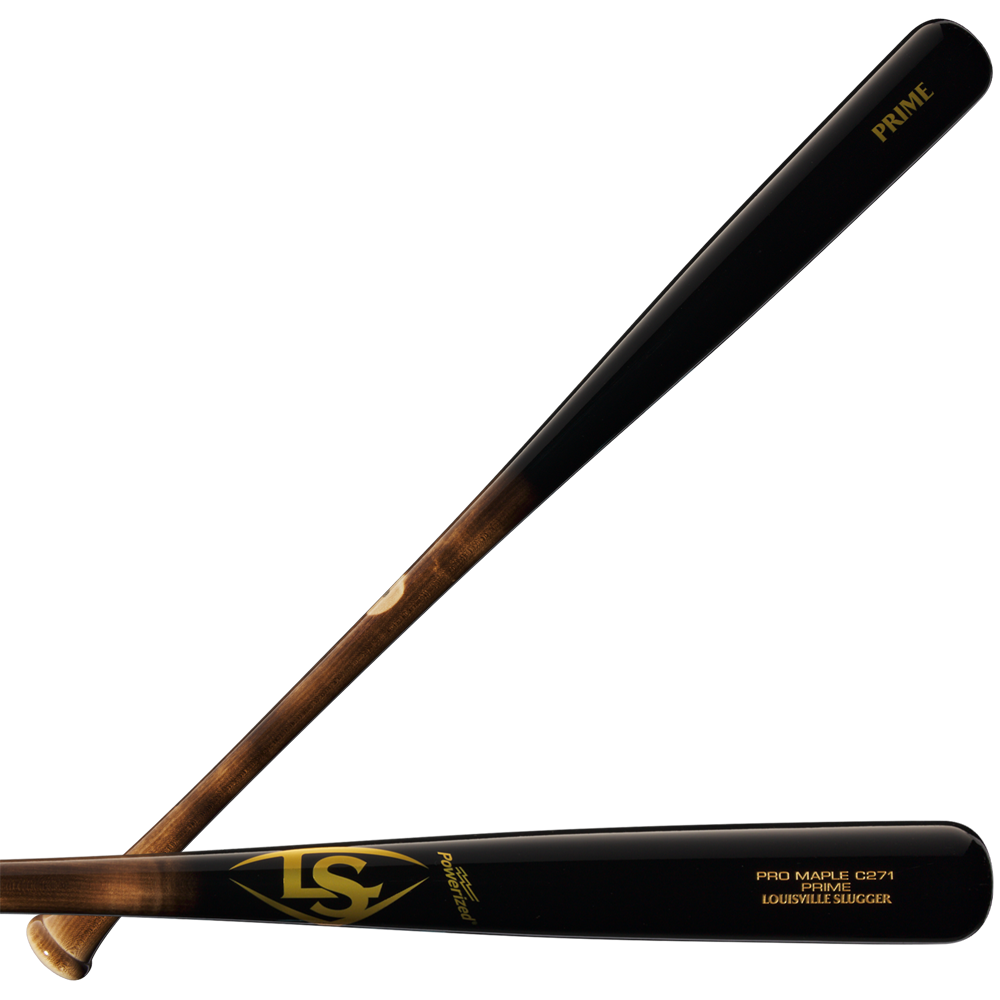 Two wooden baseball bats with dark brown and black finishes are crossed. One is the Louisville Slugger Pro Prime Maple C271 Wood Baseball Bat (WBL2940010), featuring gold lettering and logos by the barrel for a balanced swing weight.