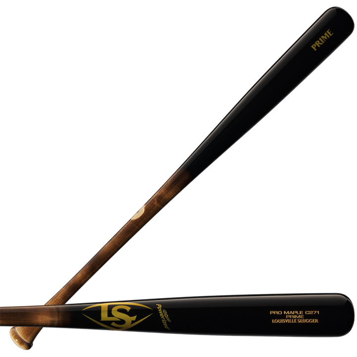 Two wooden baseball bats with dark brown and black finishes are crossed. One is the Louisville Slugger Pro Prime Maple C271 Wood Baseball Bat (WBL2940010), featuring gold lettering and logos by the barrel for a balanced swing weight.
