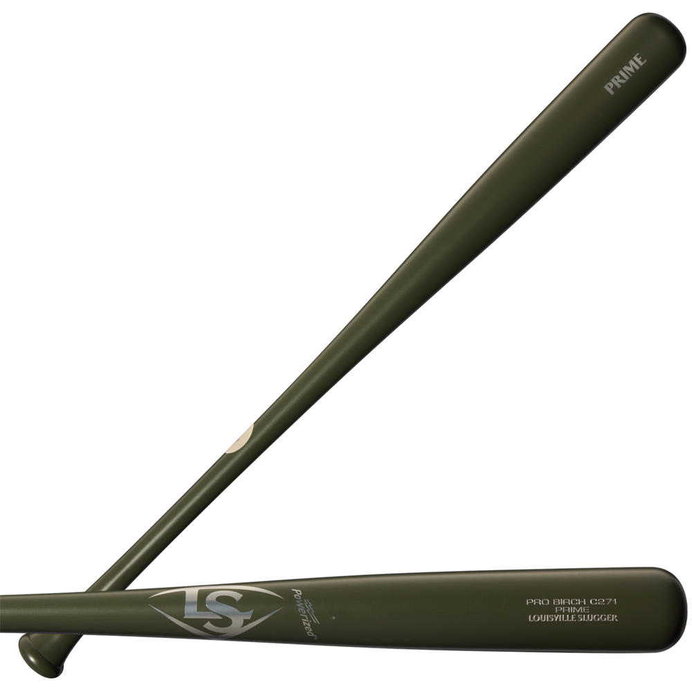 Two Louisville Slugger Pro Prime Birch C271 bats, finished in olive green, are crossed over each other on a white background. The visible text includes PRIME, LS, and Louisville Slugger.