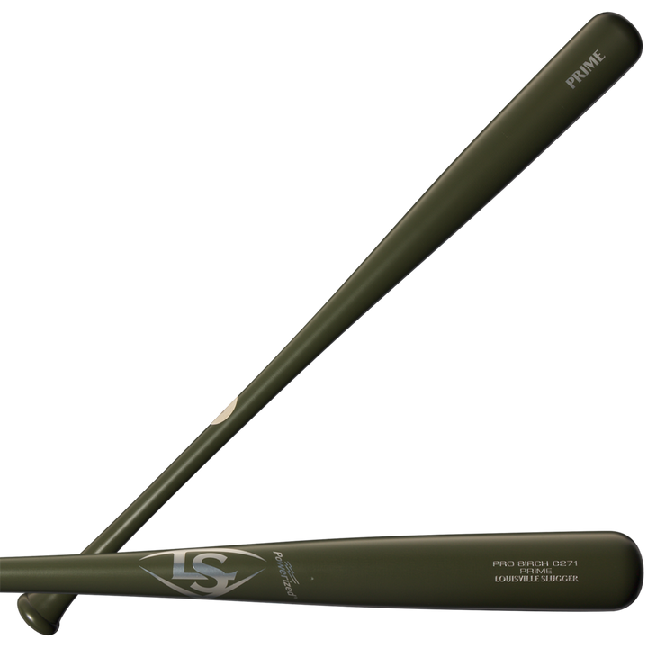 Two Louisville Slugger Pro Prime Birch C271 bats, finished in olive green, are crossed over each other on a white background. The visible text includes PRIME, LS, and Louisville Slugger.