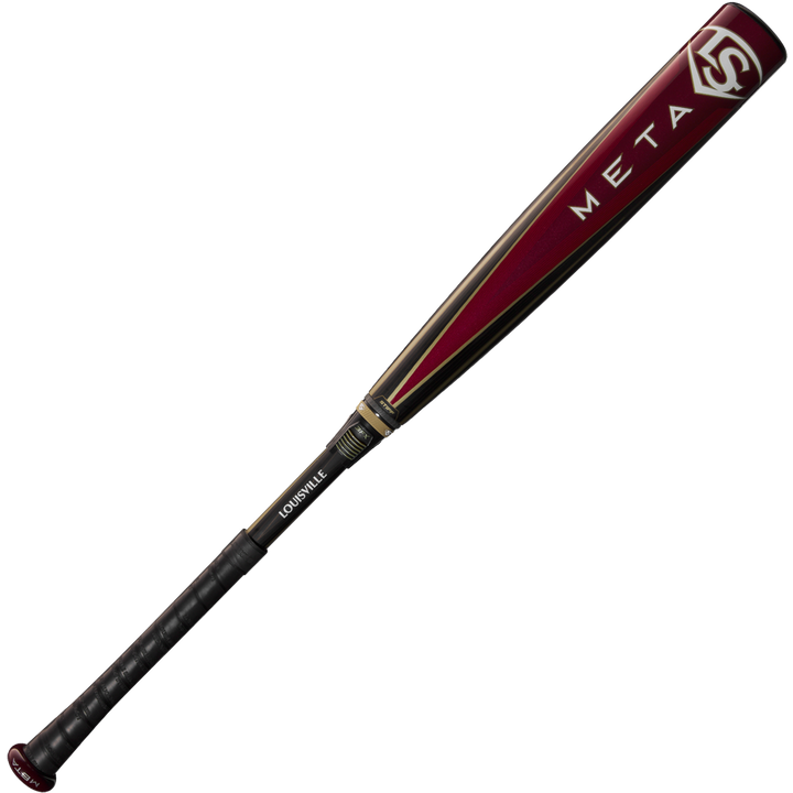 A USED 2025 Louisville Slugger Meta (-3) BBCOR Baseball Bat (WBL2966010) in maroon and black, featuring the META logo near the barrel, an EKO Composite Barrel, and a black grip, is displayed on a light background.
