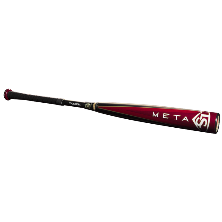A 2025 Louisville Slugger Meta (-3) BBCOR Baseball Bat (USED), featuring a maroon and black design with EKO Composite Barrel, black grip, white logo, and gold accents, is displayed on a plain white background.