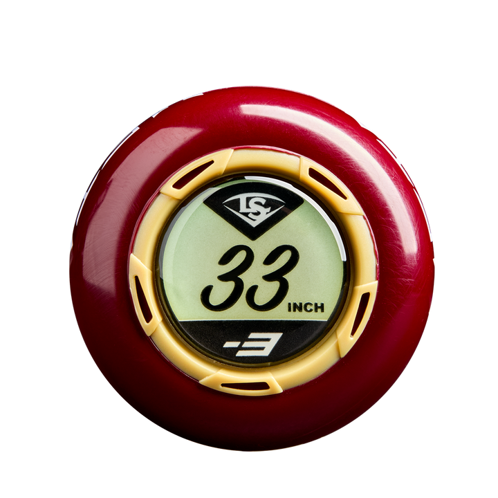 A red and yellow circular knob sensor with “33 INCH” and “-3” on its screen and a black and white Louisville Slugger logo—ideal for tracking your 2025 Louisville Slugger Meta (-3) BBCOR Baseball Bat: WBL2966010 (USED).