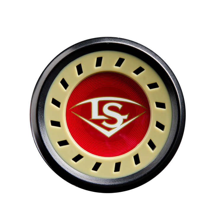 A close-up of the Louisville Slugger logo on the 2025 Meta (-3) BBCOR Baseball Bat: WBL2966010 (USED), showcasing its EKO Composite Barrel design.