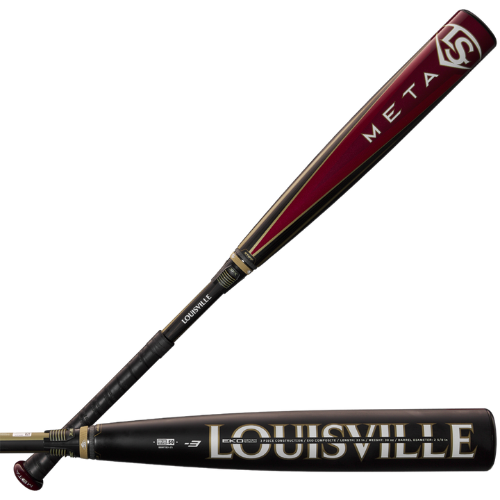 The 2025 Louisville Slugger Meta (-3) BBCOR Baseball Bat: WBL2966010 (USED) features a black handle, EKO Composite Barrel, and two-piece composite design for top performance.