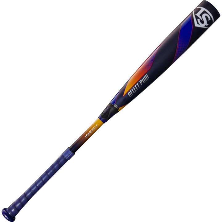 The 2025 Louisville Slugger Select PWR (-3) BBCOR Baseball Bat boasts a blue grip, orange and purple accents, the LS logo, and an EXD Premium Alloy Barrel with "SAFETY PWR" and "LONGEVITY" printed on it.
