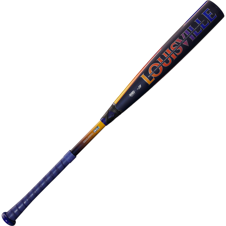 The 2025 Louisville Slugger Select PWR (-3) BBCOR Baseball Bat (WBL2967010 DEMO) features a blue grip, yellow-to-black gradient handle, EXD Premium Alloy Barrel, and bold LOUISVILLE lettering on the barrel.