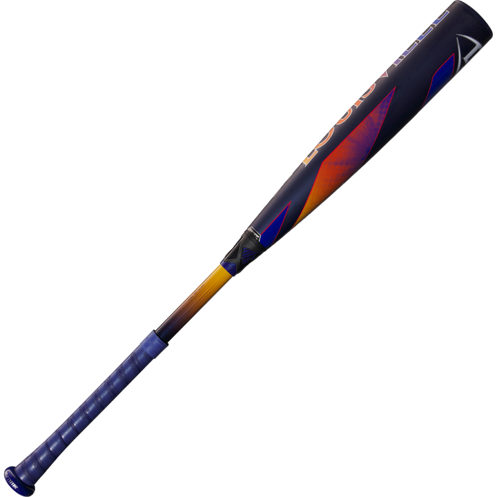 The 2025 Louisville Slugger Select PWR (-3) BBCOR Baseball Bat (WBL2967010) features a blue grip, brown handle, and dark EXD Premium Alloy Barrel with orange and blue accents, shown diagonally against a plain white background.