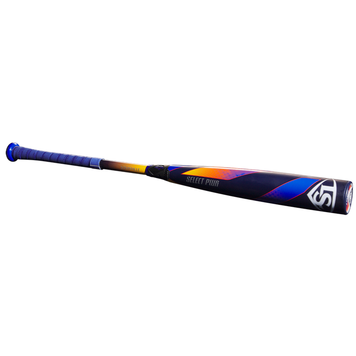 The 2025 Louisville Slugger Select PWR (-3) BBCOR Baseball Bat (WBL2967010 DEMO) features a blue grip, orange and purple accents, the Select PWR label near its EXD Premium Alloy Barrel, and a light gray background.