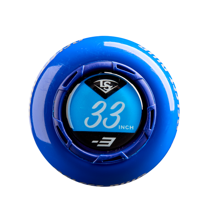 Close-up of the blue end cap on the 2025 Louisville Slugger Select PWR (-3) BBCOR Baseball Bat (WBL2967010 DEMO), featuring the Louisville Slugger logo, “33 INCH,” and “-3” in white on a blue background.