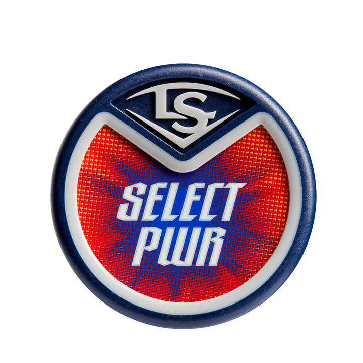 Round badge with blue and white border, red patterned center, bold SELECT PWR text, and stylized LS logo celebrates the 2025 Louisville Slugger Select PWR (-3) BBCOR Baseball Bat: WBL2967010 (DEMO) featuring an EXD Premium Alloy Barrel.