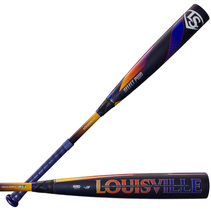Two views of the 2025 Louisville Slugger Select PWR (-3) BBCOR Bat: one shows the Select PWR logo, while the other features a vibrant barrel with bold "LOUISVILLE" lettering and highlights its EXD Premium Alloy Barrel for top performance.