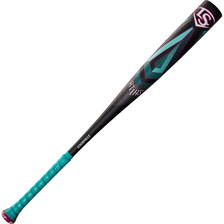 The 2025 Louisville Slugger Atlas (-3) BBCOR Baseball Bat (WBL2968010, DEMO) features a black and teal one-piece alloy design with geometric graphics, logo near the barrel, and a teal grip-wrapped handle.