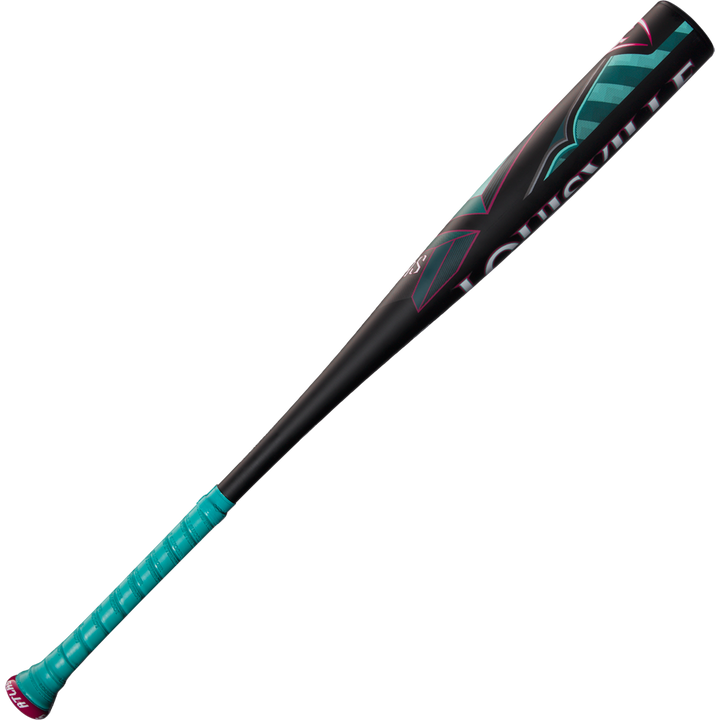 The 2025 Louisville Slugger Atlas (-3) BBCOR Baseball Bat (WBL2968010 DEMO) features a black design with teal and pink accents, a teal grip, and a stylized barrel. This one-piece alloy bat offers standout style and high performance.