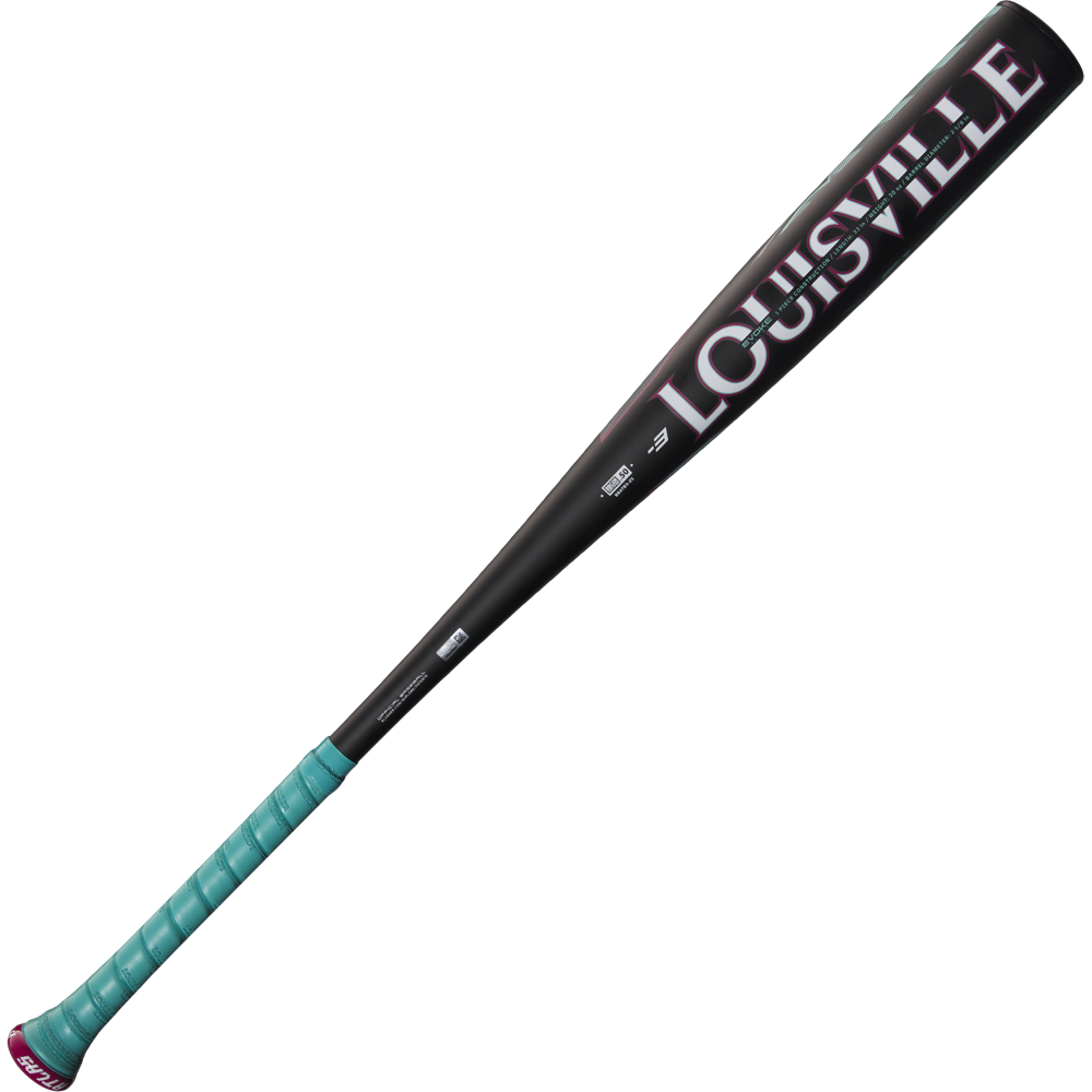 The 2025 Louisville Slugger Atlas (-3) BBCOR Baseball Bat (WBL2968010) features a black design, teal grip, pink Louisville branding on the barrel, and an EVOKE Alloy Barrel, shown on a white background.