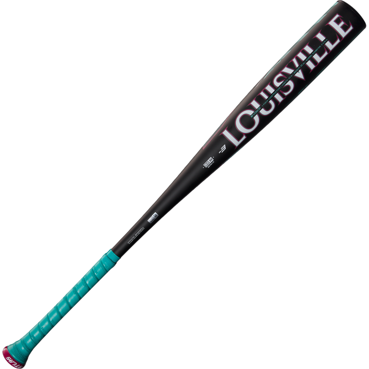 The 2025 Louisville Slugger Atlas (-3) BBCOR Baseball Bat (WBL2968010) features a black design, teal grip, pink Louisville branding on the barrel, and an EVOKE Alloy Barrel, shown on a white background.