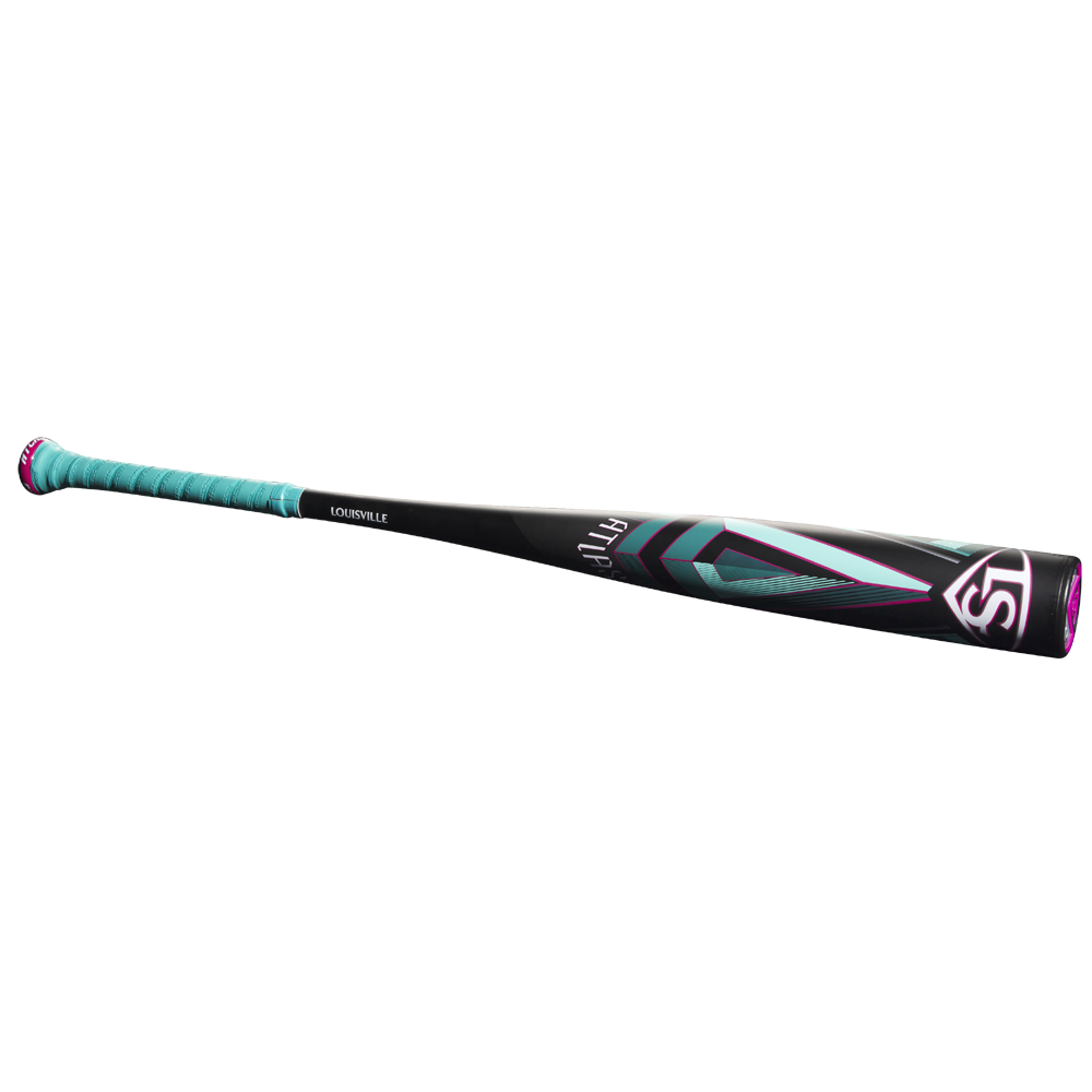 The 2025 Louisville Slugger Atlas (-3) BBCOR Baseball Bat (WBL2968010 DEMO) features a black, one-piece alloy design with turquoise and pink accents, a turquoise grip, and a geometric barrel pattern, shown on a white background.
