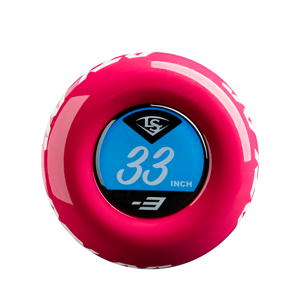 A close-up of the end cap of a pink 2025 Louisville Slugger Atlas (-3) BBCOR Baseball Bat, showing a blue label with "33 INCH" and "-3", plus a black and white logo above, by Louisville Slugger.
