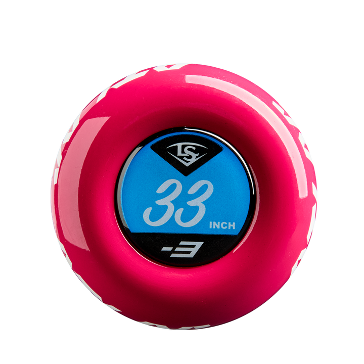 A close-up of the end cap of a pink 2025 Louisville Slugger Atlas (-3) BBCOR Baseball Bat, showing a blue label with "33 INCH" and "-3", plus a black and white logo above, by Louisville Slugger.