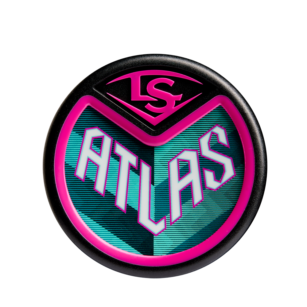 Round logo with pink "LS" on top and bold, teal "ATLAS" below, all outlined in pink and black. The design echoes the dynamic teal stripes of the 2025 Louisville Slugger Atlas (-3) BBCOR Baseball Bat: WBL2968010 (DEMO).