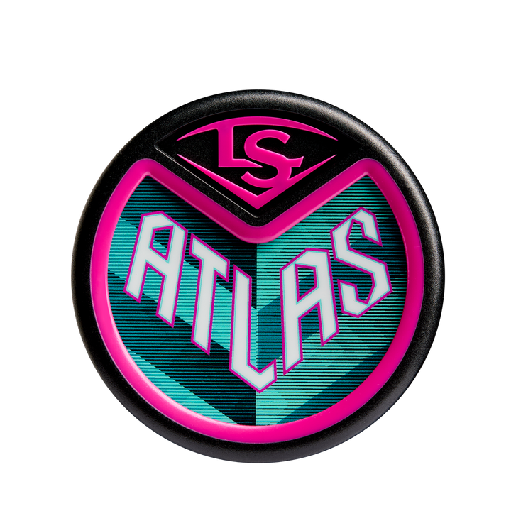 Round logo with pink "LS" on top and bold, teal "ATLAS" below, all outlined in pink and black. The design echoes the dynamic teal stripes of the 2025 Louisville Slugger Atlas (-3) BBCOR Baseball Bat: WBL2968010 (DEMO).