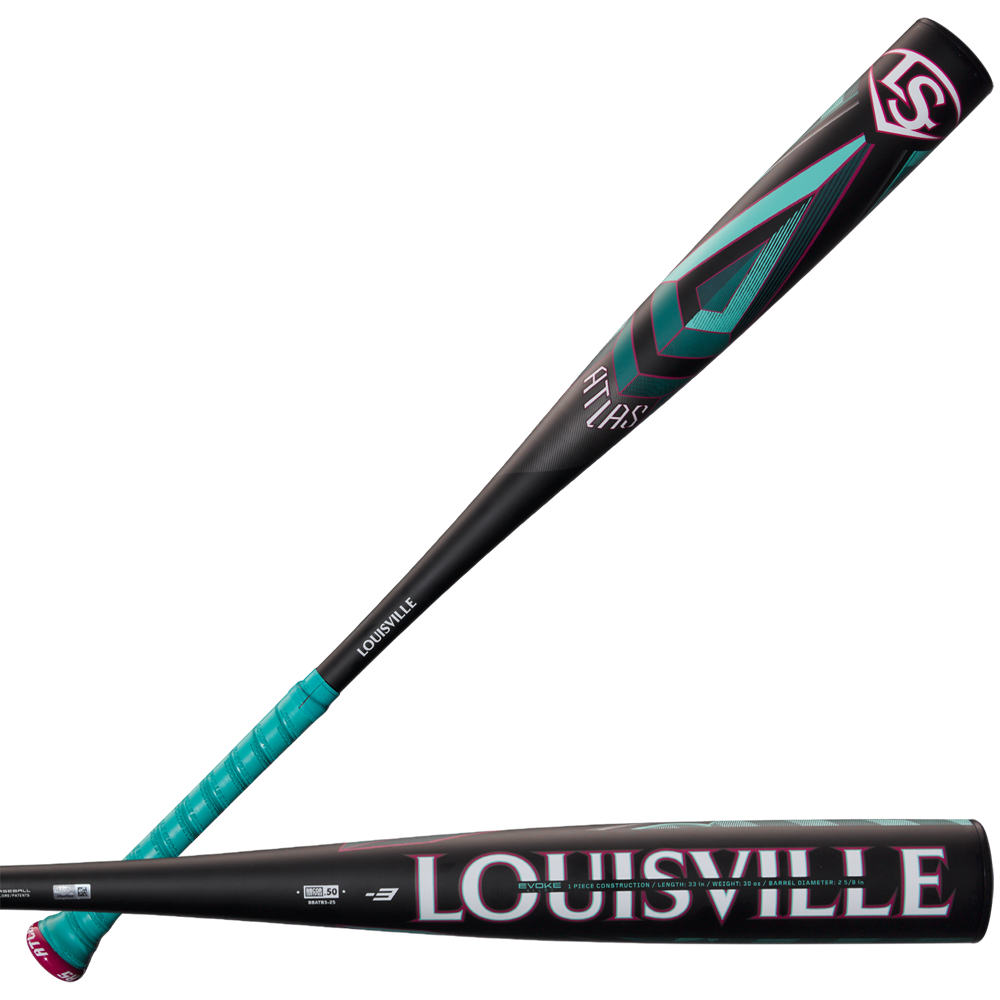 The 2025 Louisville Slugger Atlas (-3) BBCOR Baseball Bat (WBL2968010, DEMO) features teal and pink geometric designs, a teal grip, bold white LOUISVILLE branding on the barrel, and a one-piece alloy construction.
