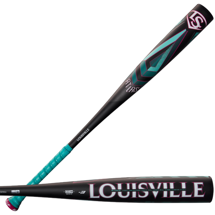 The 2025 Louisville Slugger Atlas (-3) BBCOR Baseball Bat (WBL2968010, DEMO) features teal and pink geometric designs, a teal grip, bold white LOUISVILLE branding on the barrel, and a one-piece alloy construction.