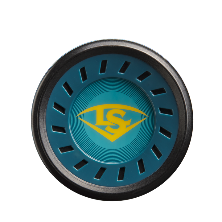 A teal yo-yo with a black rim features a yellow LS logo inspired by the Louisville Slugger Meta Prime (-10) USSSA Baseball Bat (WBL2970010), set against a plain white background.