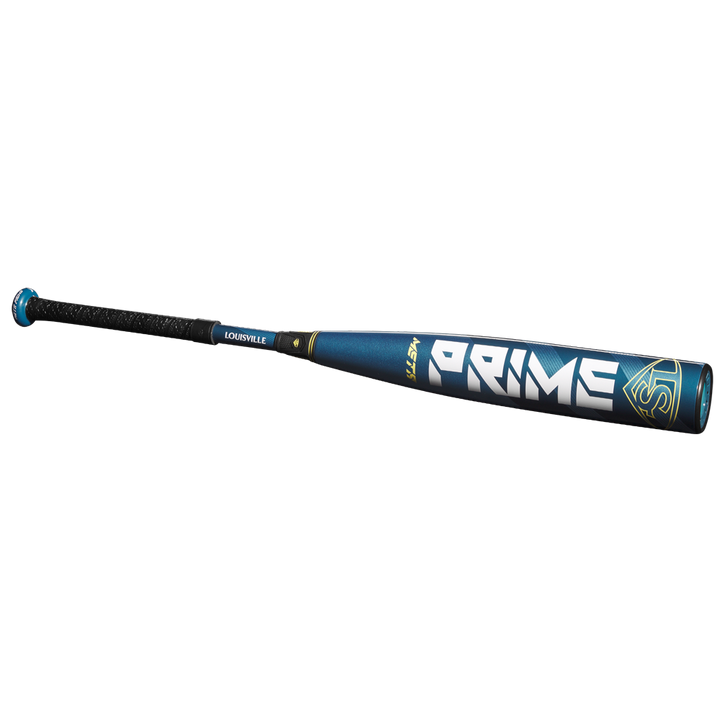 A 2025 Louisville Slugger Meta Prime (-8) 2 3/4" USSSA Baseball Bat (WBL2971010 DEMO), featuring a blue composite design with black grip and white and gold accents, is displayed on a plain white background.