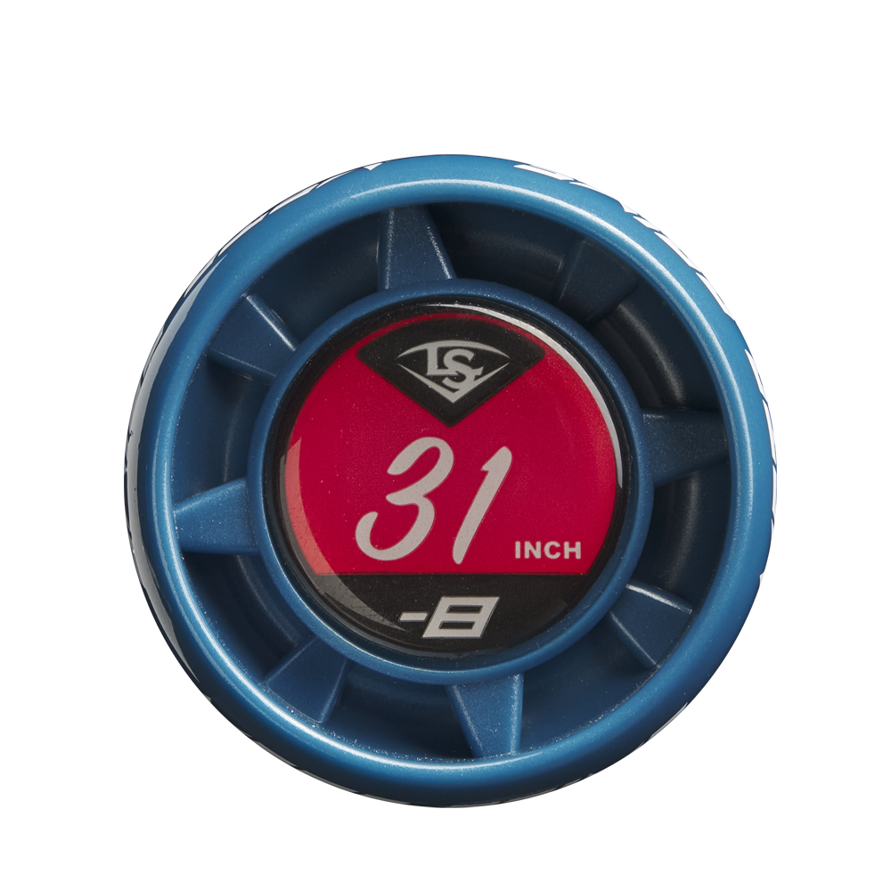 A close-up of the blue 2025 Louisville Slugger Meta Prime (-8) 2 3/4" USSSA Baseball Bat end cap shows a red and black label with "31 INCH" and "-8" displayed.