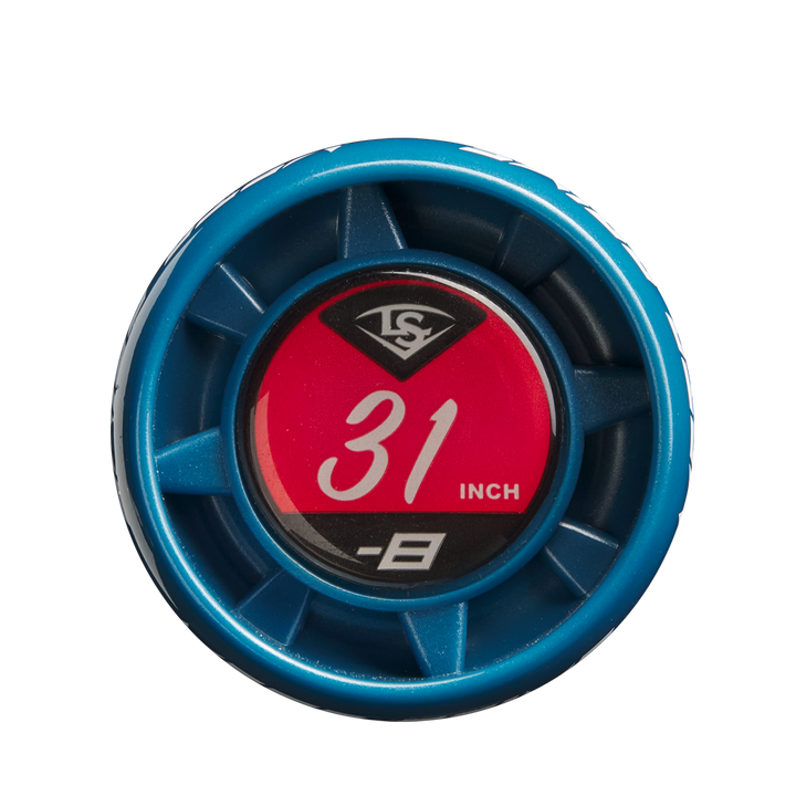 A close-up of the blue 2025 Louisville Slugger Meta Prime (-8) 2 3/4" USSSA Baseball Bat end cap shows a red and black label with "31 INCH" and "-8" displayed.