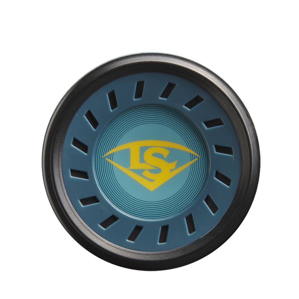 A teal and black circular object, inspired by the 2025 Louisville Slugger Meta Prime (-8) 2 3/4" USSSA Baseball Bat (WBL2971010 DEMO), displays a yellow LS logo in a diamond at the center, ringed by vent-like slits and shown from above on a white background.