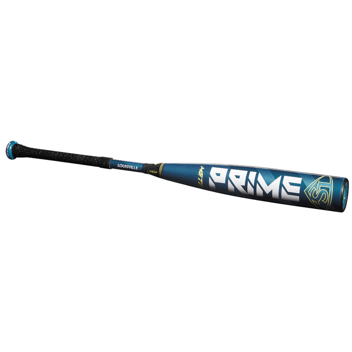 The 2025 Louisville Slugger Meta Prime (-5) USSSA Baseball Bat WBL2972010 features bold “PRIME” lettering, a blue and black design, and a textured black handle—ideal for serious players seeking high-performance composite bats.