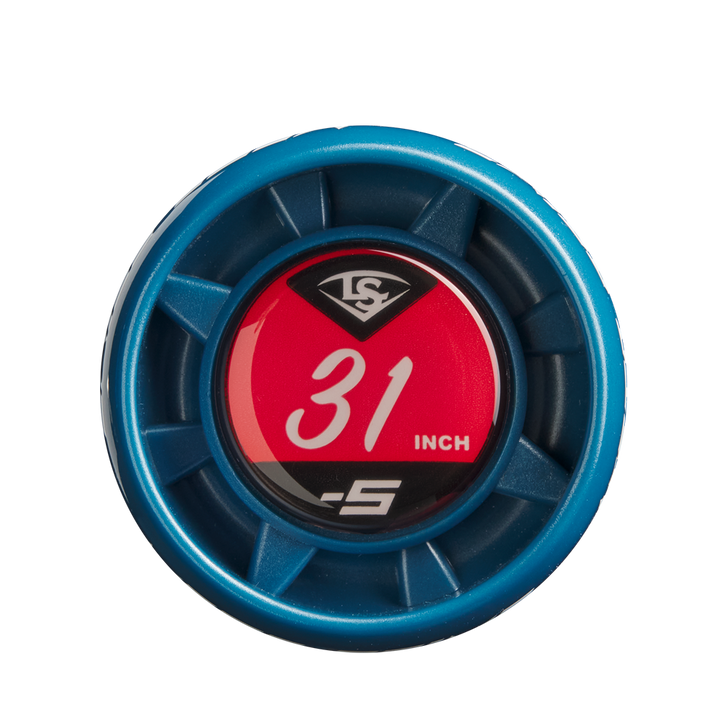 A close-up of the blue and red Louisville Slugger Meta Prime (-5) 2 3/4" USSSA Baseball Bat (WBL2972010 DEMO) knob shows "31 INCH" and "-5" on the end cap, plus a white Louisville Slugger logo at the top.