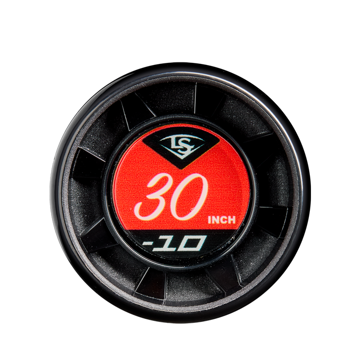 A close-up of a circular label with a red center showing "30 INCH" and "-10" in white text, ringed by black grooves, is featured on the 2025 Louisville Slugger Atlas (-10) 2 3/4" USSSA Baseball Bat: WBL2979010.