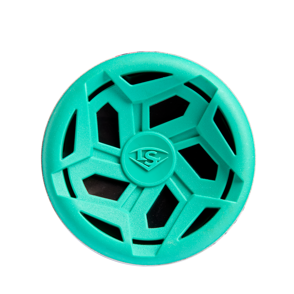 A teal, round plastic object with a web-like design and LS logoβechoing the 2025 Louisville Slugger Atlas (-10) 2 3/4" USSSA Baseball Bat: WBL2979010βis seen from above on a white background.